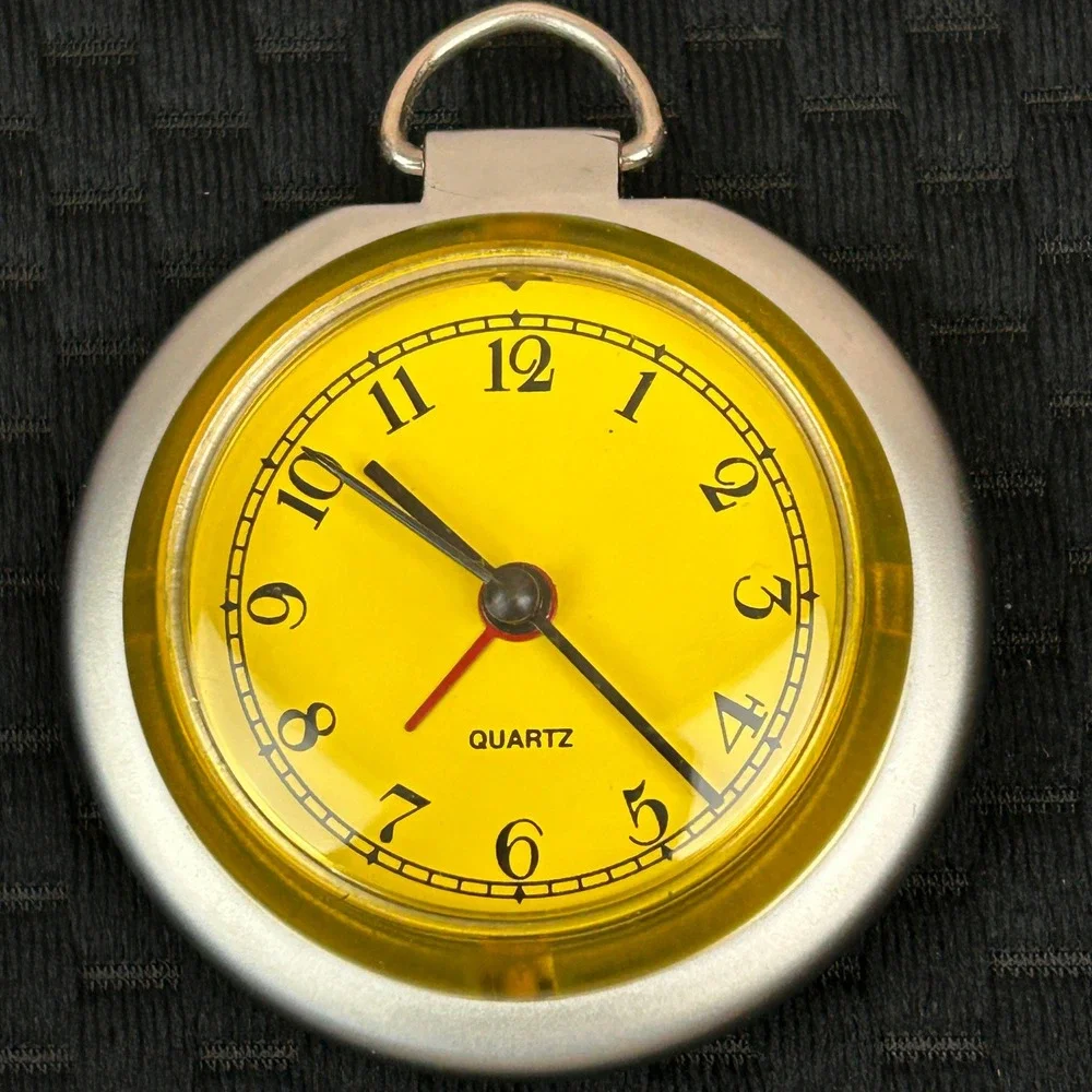 Vintage Quartz Pocket Watch Yellow Face Silver Bezel Alarm Function Analog 2in‎